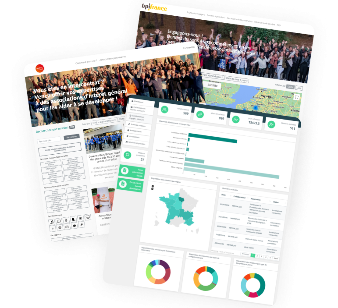 juxtaposition de trois captures des applications développées par Koeo pour le mécénat de compétences