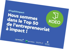 carte de visite KOEO avec mention top 50 de l'entrepreneuriat